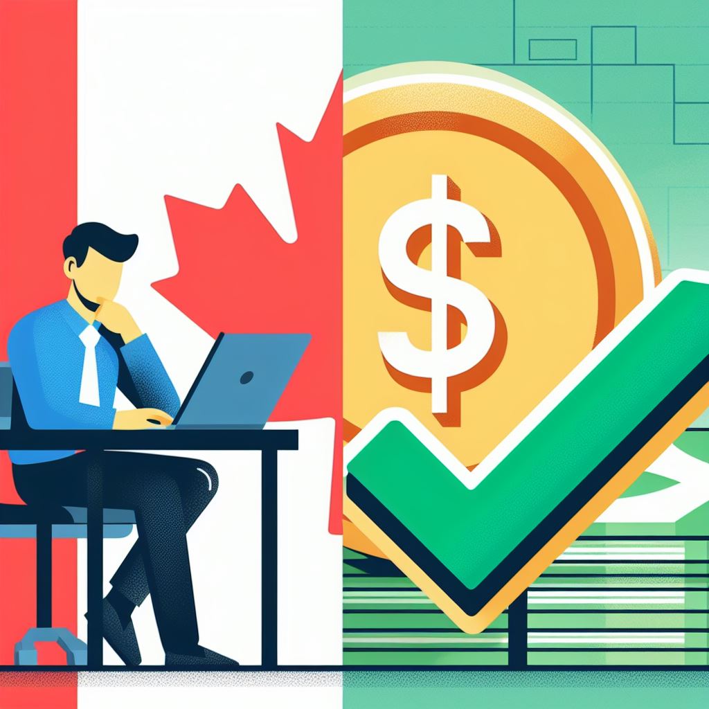 The left section depicts a person sitting at a desk with a laptop open. They have a thoughtful expression on their face. Behind the laptop there is a Canadian flag. The right section depicts a green checkmark icon with a Canadian dollar coin symbol in the center. Below the icon, there are stacks of Canadian dollar bills.