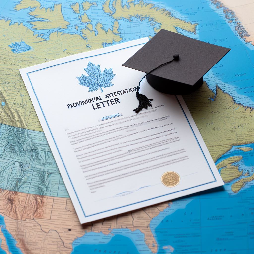 A governmental document titled "Provincial Attestation Letter" sits on top of a map of Canada. The map is colored with light blue for the land masses and white for the bodies of water. A graduation cap rests on the top right corner of the document.