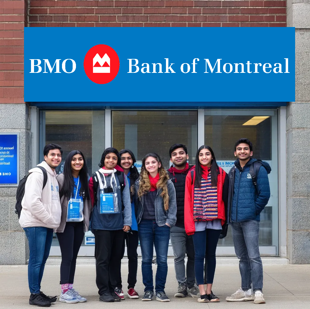 A group of Indian Students in Canada standing in from of Bank of Montreal branch BMO